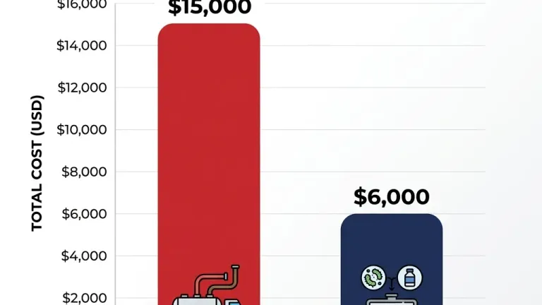 A bar chart illustrating the cumulative 10-year cost of reactive septic pumping versus proactive biological maintenance.