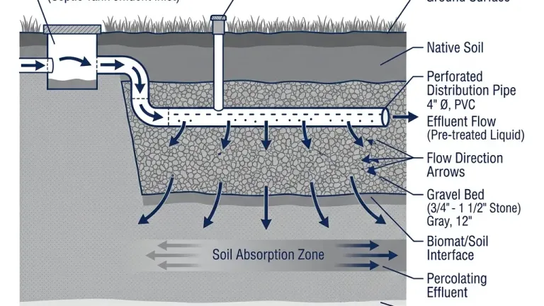 A scientific cross-section diagram of soil layers beneath a drain field, showing gravel distribution trench, unsaturated zone, and groundwater table with percolation flow arrows.