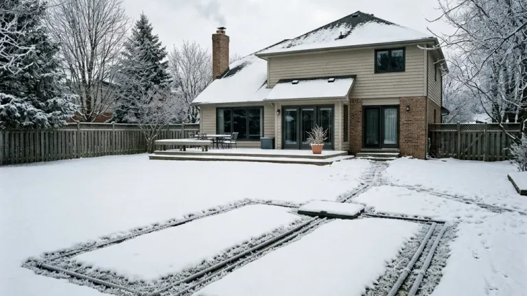 A suburban backyard in deep winter with snow and frost covering the ground above a buried septic system, with a residential house visible in the background.
