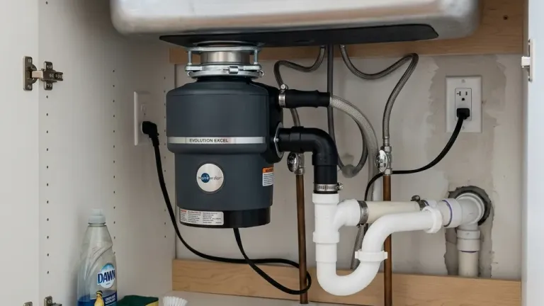An under-sink garbage disposal unit connected to kitchen drain plumbing in a home with a private septic system.