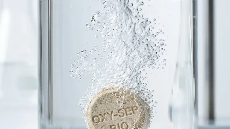 Close up macro shot of an effervescent biological septic tank treatment tablet dropping into clear water, releasing intense oxygen micro-bubbles.