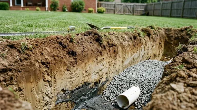 Cross-section diagram of residential drain field pipes and surrounding soil absorption trenches.