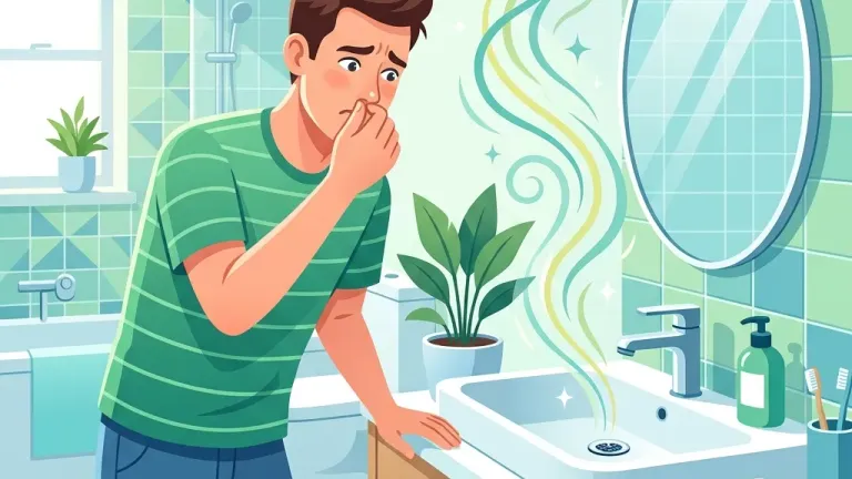 A homeowner inspecting a bathroom sink drain after detecting a foul sewage odor inside the house.