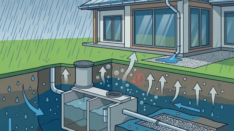 A suburban backyard after heavy rainfall with pooling water near the lawn, indicating potential septic system drainage issues and ground saturation.