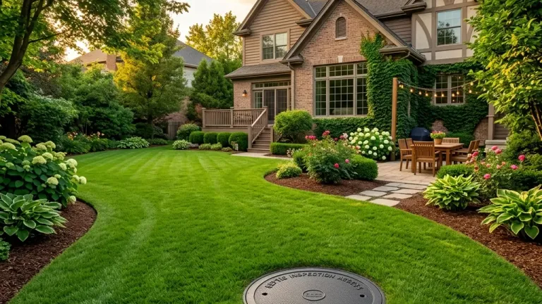 A pristine suburban backyard with a visible septic tank access port, representing a well-maintained septic system beneath a healthy lawn.