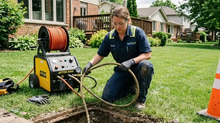 A technician using hydro-jetting equipment to clean clogged leach field lateral pipes buried underground.