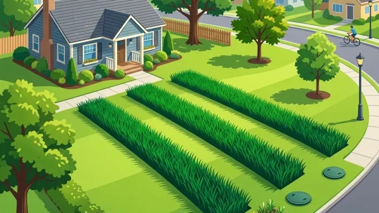 A suburban backyard showing patches of unusually lush, dark green grass growing in distinct stripes over a septic drain field.