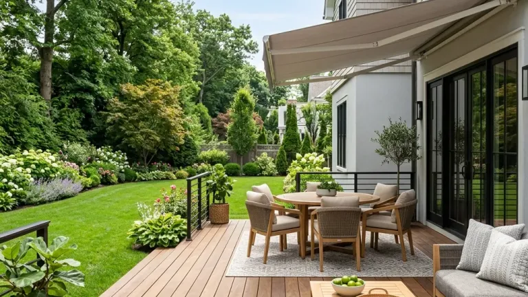 A pristine and beautiful suburban backyard patio on a sunny day, symbolizing a fresh, odor-free outdoor environment.