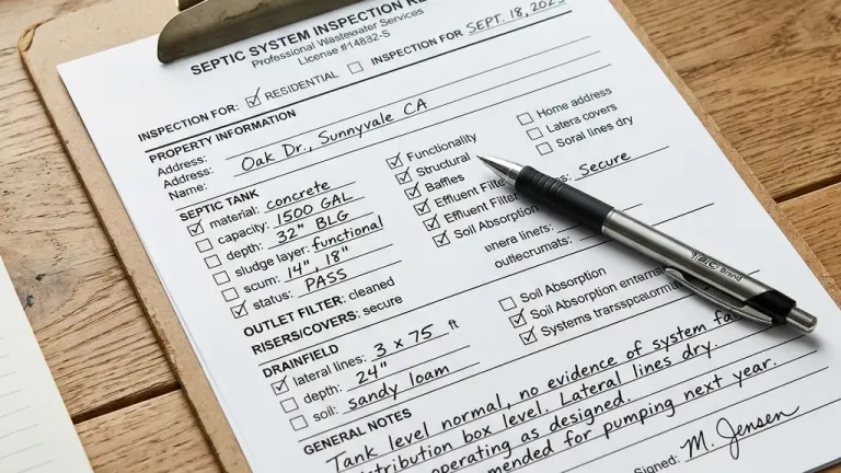 A close-up of a professional septic system inspection report on a clipboard with checkboxes and measurements filled in.