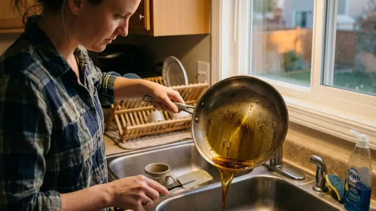 A person pouring used cooking oil and grease from a cast iron pan down a kitchen sink drain — a common household habit that accelerates septic system failure.
