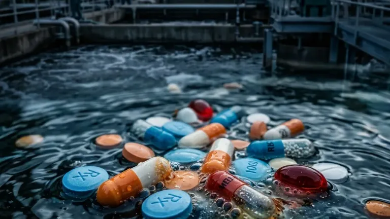 Prescription medication pills and capsules partially submerged in water against a blurred wastewater treatment background, representing pharmaceutical compounds entering residential wastewater systems.