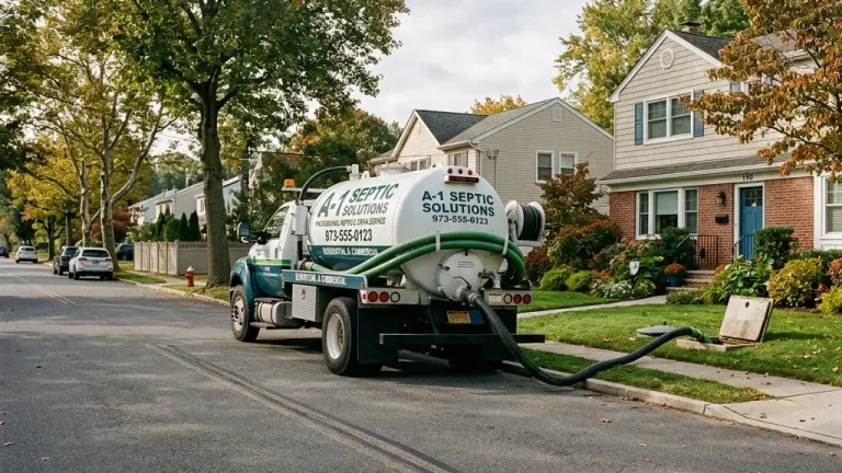 A professional septic vacuum truck servicing a suburban residential property.