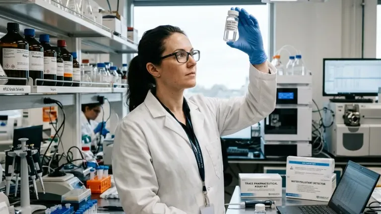 A scientist in a laboratory holding a clear water sample vial up to light, with water testing equipment visible in the background.