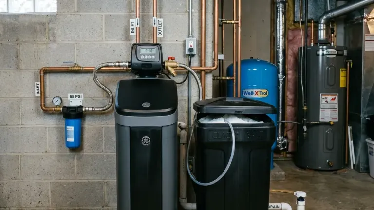 A modern residential water softener unit installed in a basement utility room alongside a salt brine tank, with plumbing connections visible.