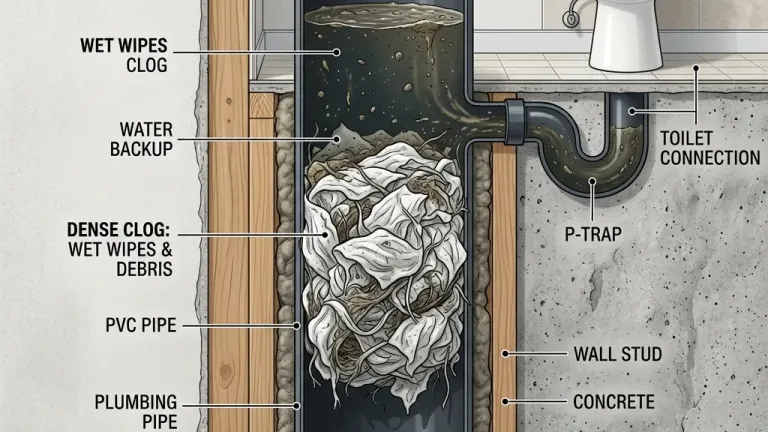 A tangle of 'flushable' wipes removed from a septic distribution line, showing intact material months after flushing.