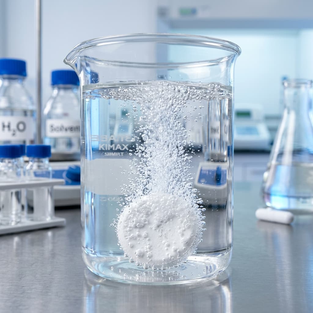 A Septifix effervescent tablet dissolving in water, releasing oxygen micro-bubbles.