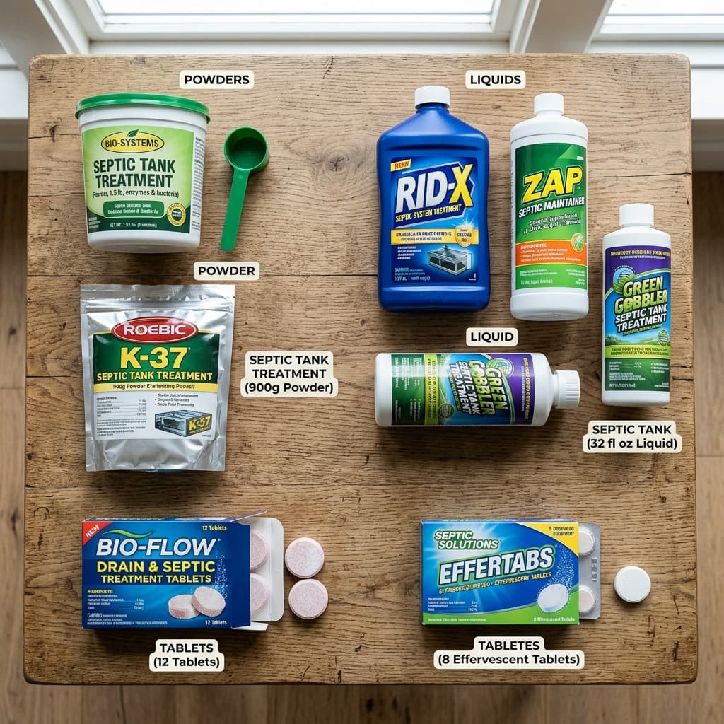 A comparative flat lay of various septic tank treatment products, including powders, liquids, and effervescent tablets, laid out on a clean wooden table.