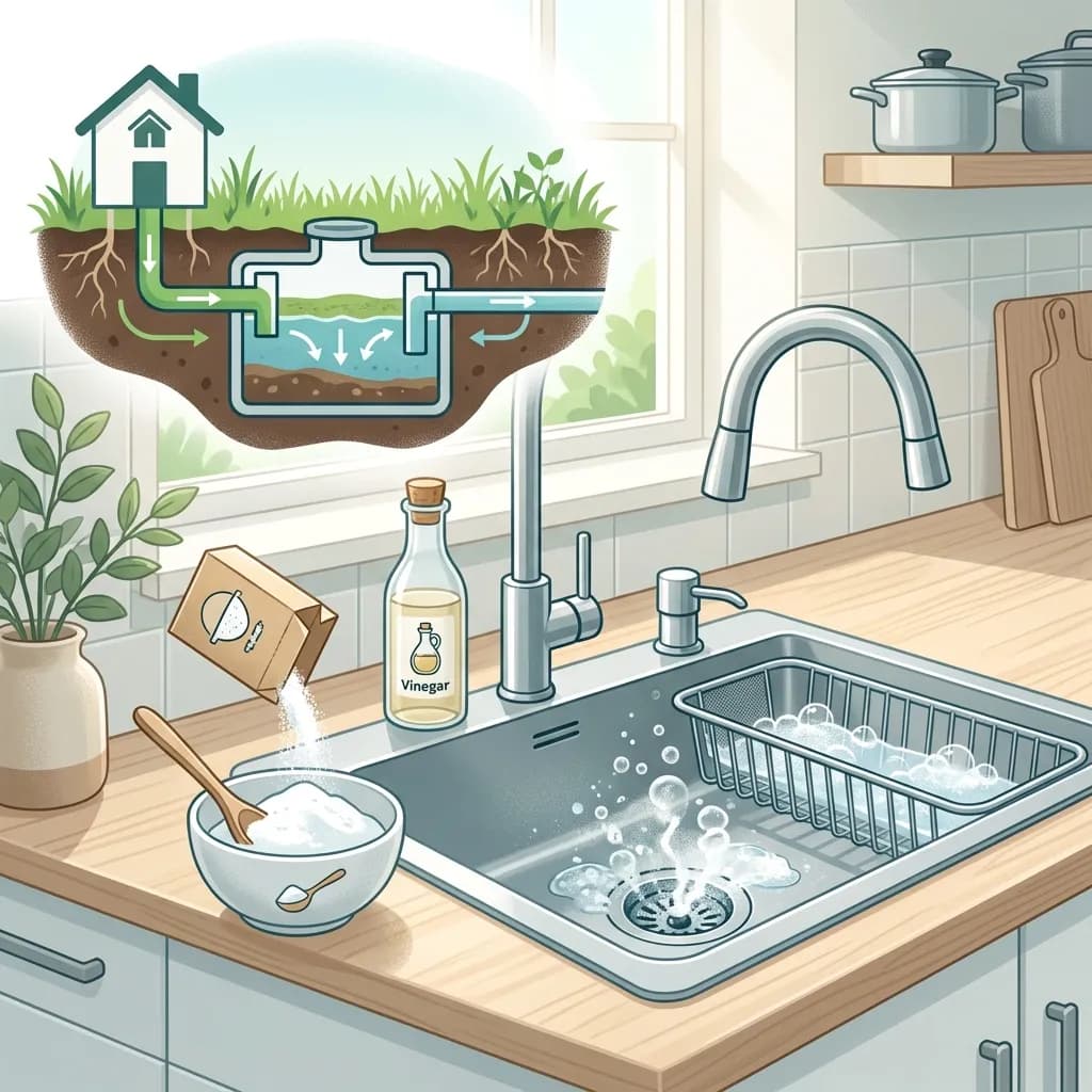 A hand holding a bottle of chemical drain cleaner next to a toilet, illustrating the risk of using harsh chemicals in a home with a septic system.