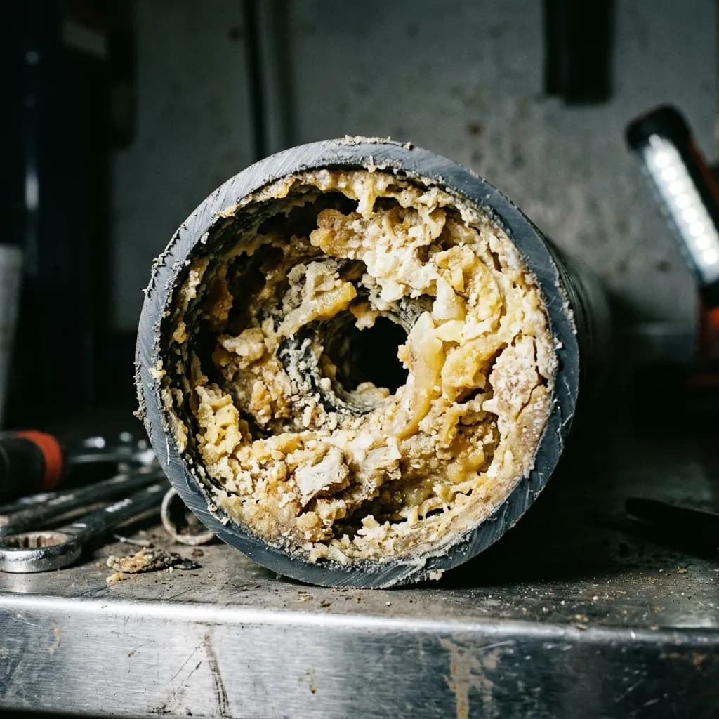 A cross-section view of a residential plumbing pipe severely clogged with hardened white and yellow grease deposits coating the interior walls.