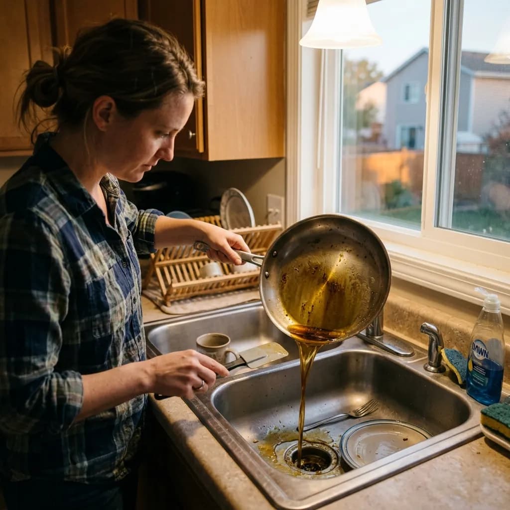 A person pouring used cooking oil and grease from a cast iron pan down a kitchen sink drain — a common household habit that accelerates septic system failure.