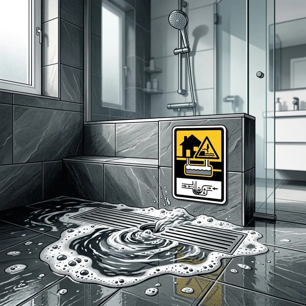 A shower drain with soapy water backing up and pooling around the drain, indicating a blocked drain line or septic system overload from laundry water.