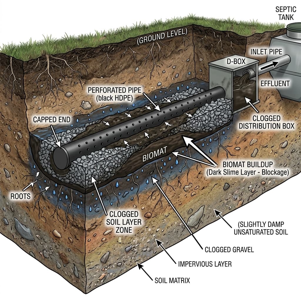 A cross-section diagram style illustration showing a clogged leach field with biomat buildup in the soil.
