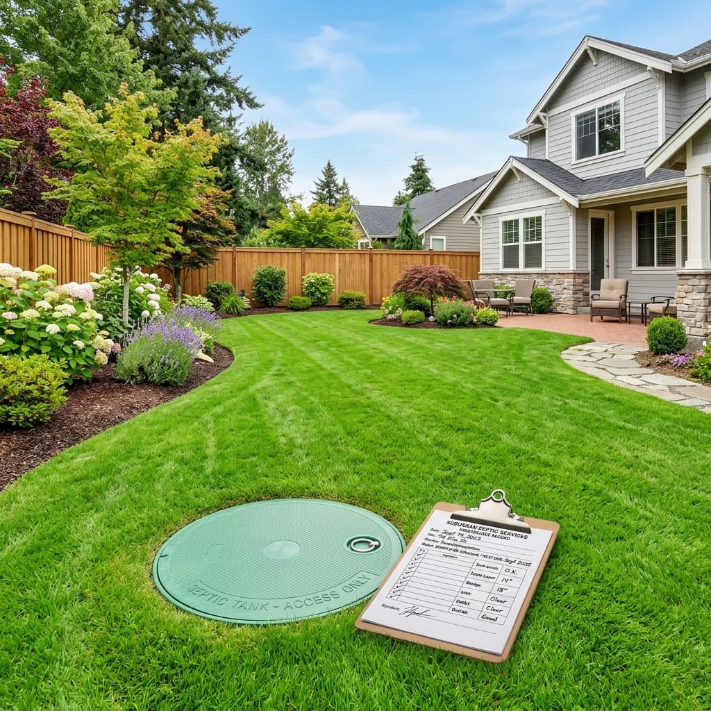 A pristine, perfectly maintained suburban backyard with a subtle access port for a septic tank visible.