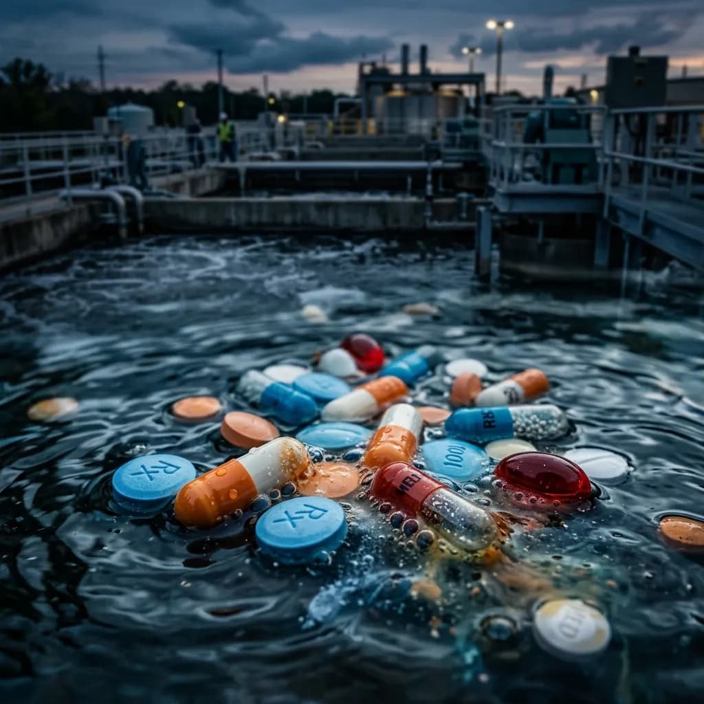 Prescription medication pills and capsules partially submerged in water against a blurred wastewater treatment background, representing pharmaceutical compounds entering residential wastewater systems.