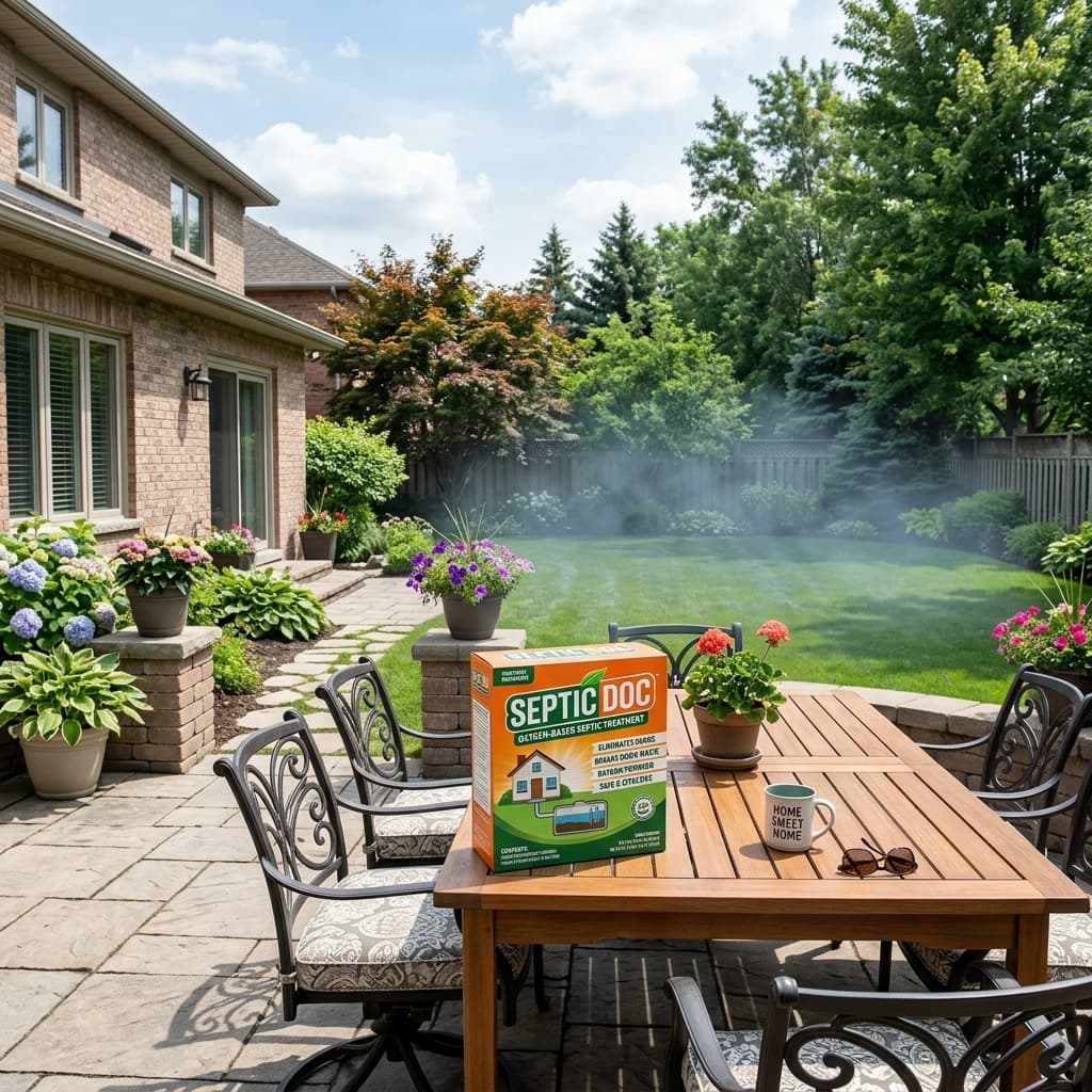 A suburban backyard patio with a subtle unpleasant mist hovering over the lawn indicating a bad smell.