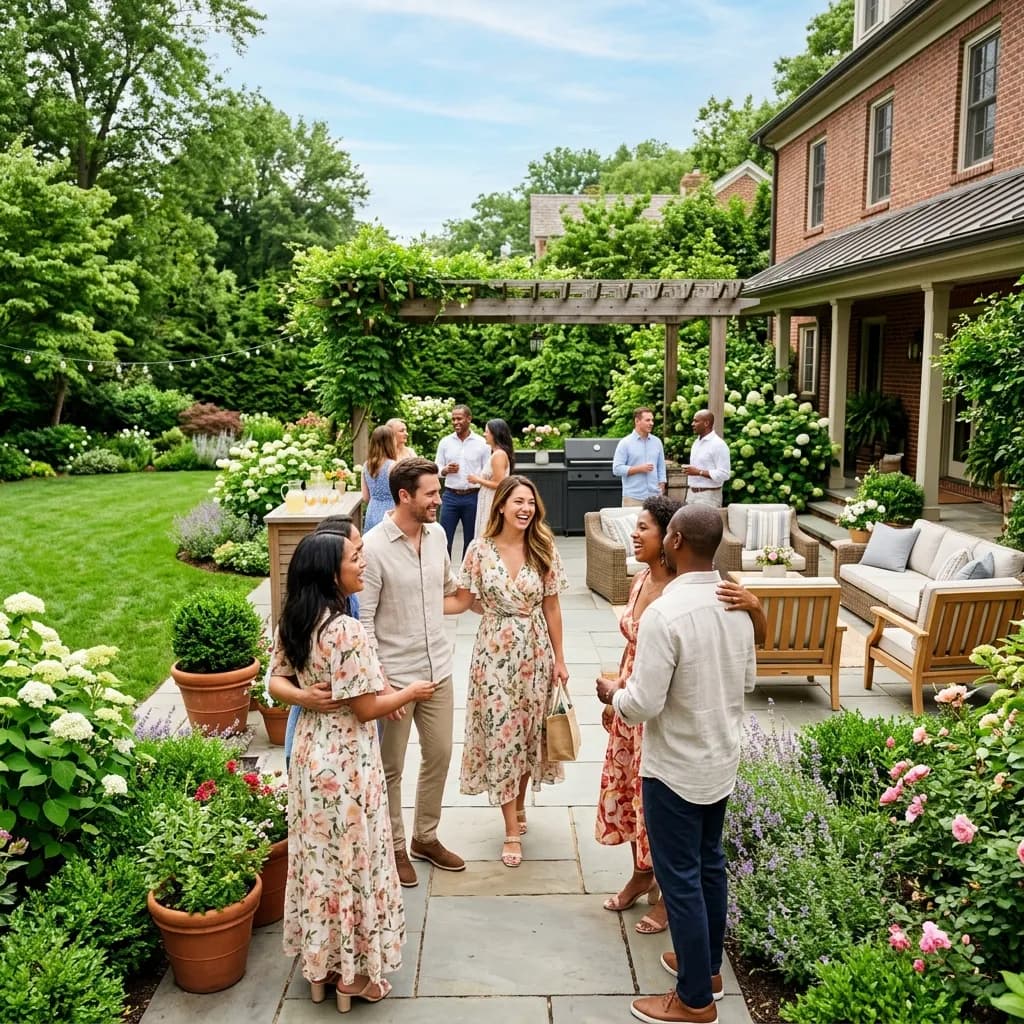 Happy guests arriving at a pristine and sunny suburban backyard patio, socializing in a fresh, odor-free environment.