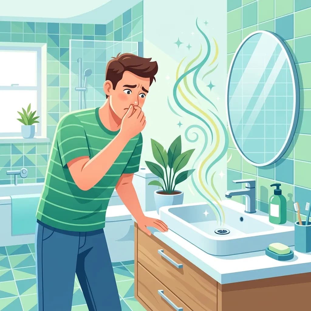 A homeowner checking under a bathroom sink and looking concerned, investigating a persistent sewage-like odor coming through household drains.