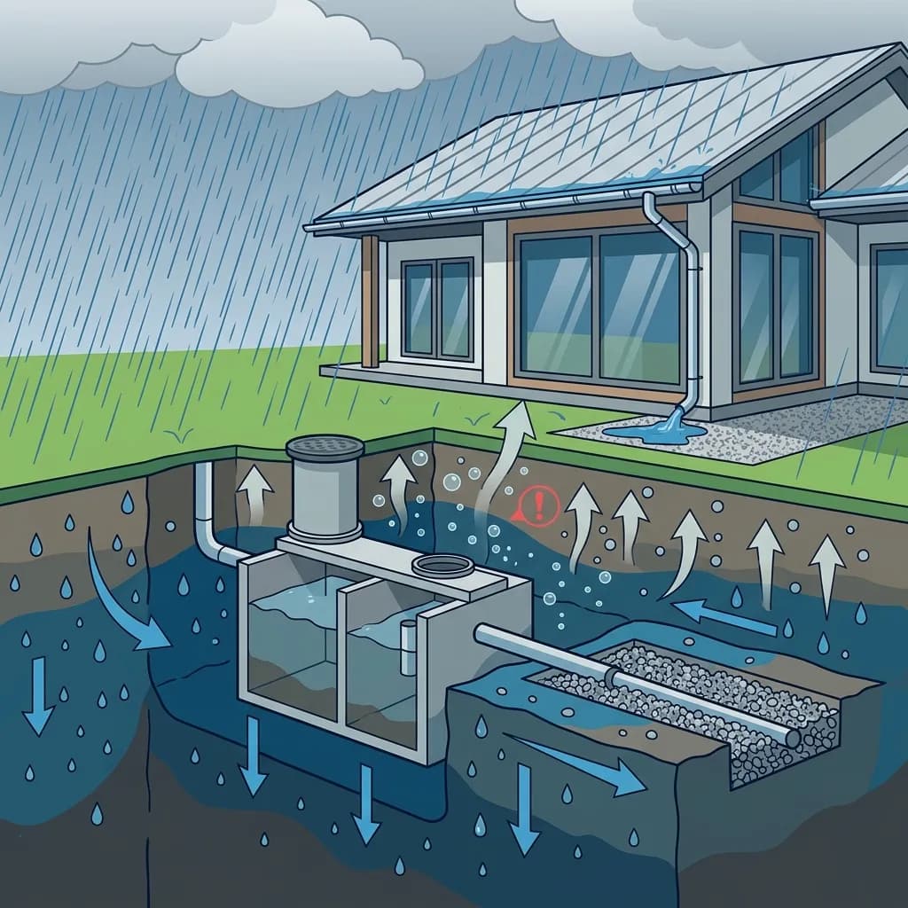 A suburban backyard after heavy rainfall with pooling water near the lawn, indicating potential septic system drainage issues and ground saturation.