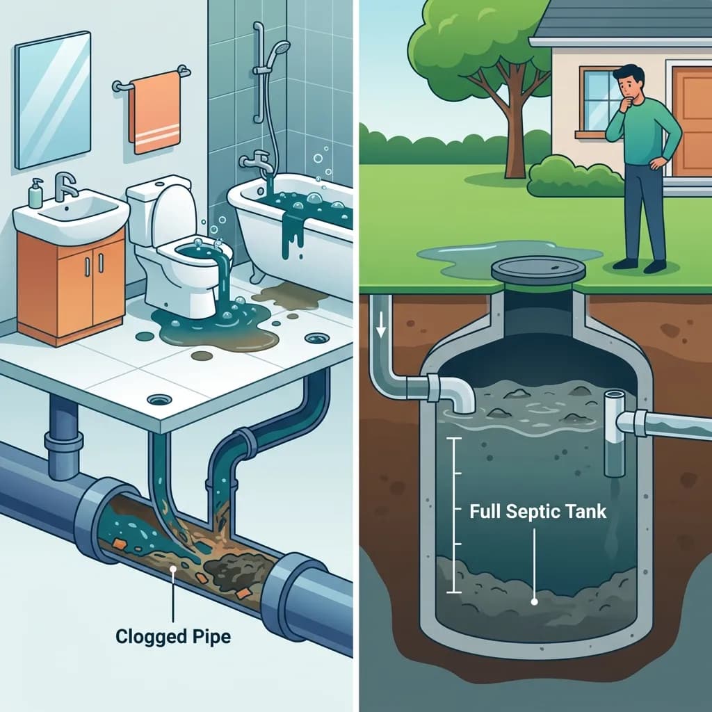 A homeowner looking concerned at a slow-draining toilet with a plunger nearby, trying to determine whether the septic tank is full or the drain system is clogged.