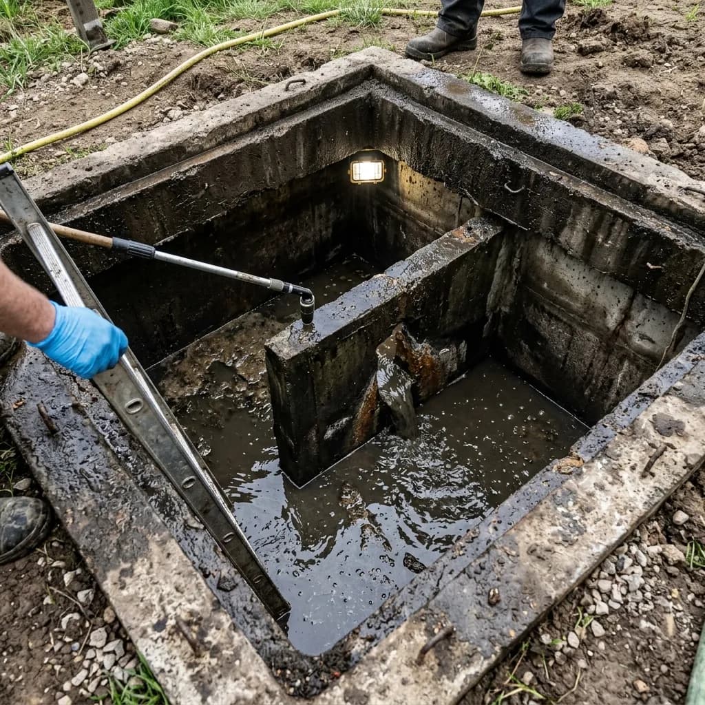 Interior inspection view of a concrete septic tank showing the inlet baffle and liquid level, used to assess biological health and structural condition.