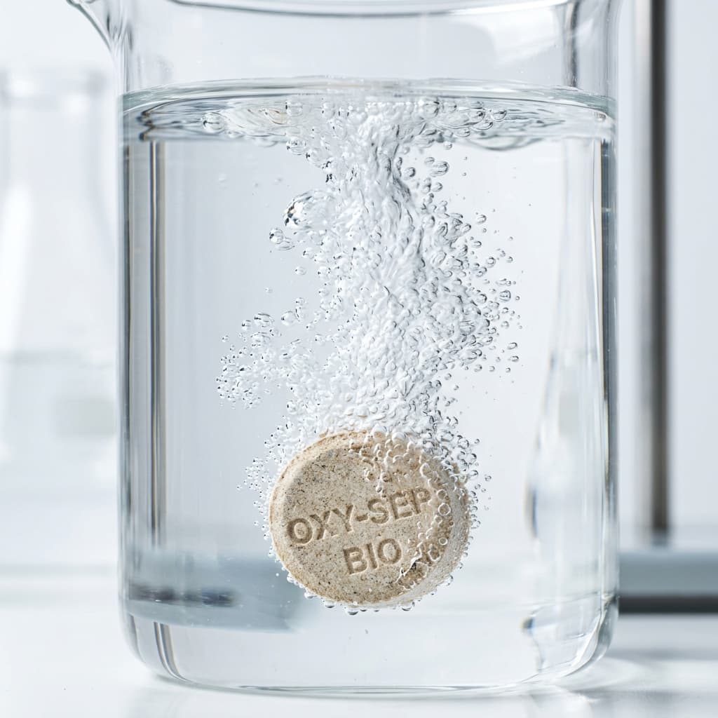 Close up macro shot of an effervescent biological septic tank treatment tablet dropping into clear water, releasing intense oxygen micro-bubbles.