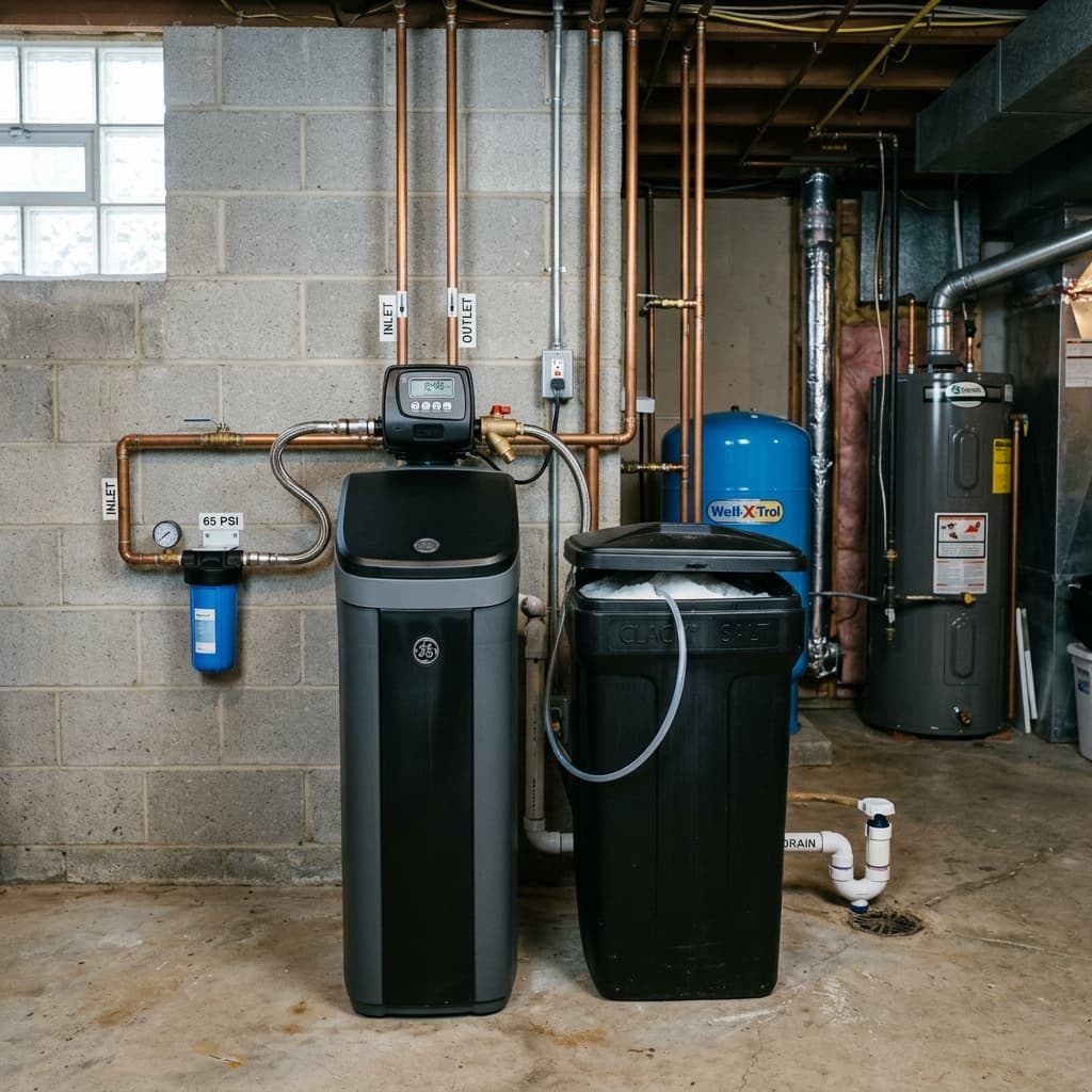 A modern residential water softener unit installed in a basement utility room alongside a salt brine tank, with plumbing connections visible.