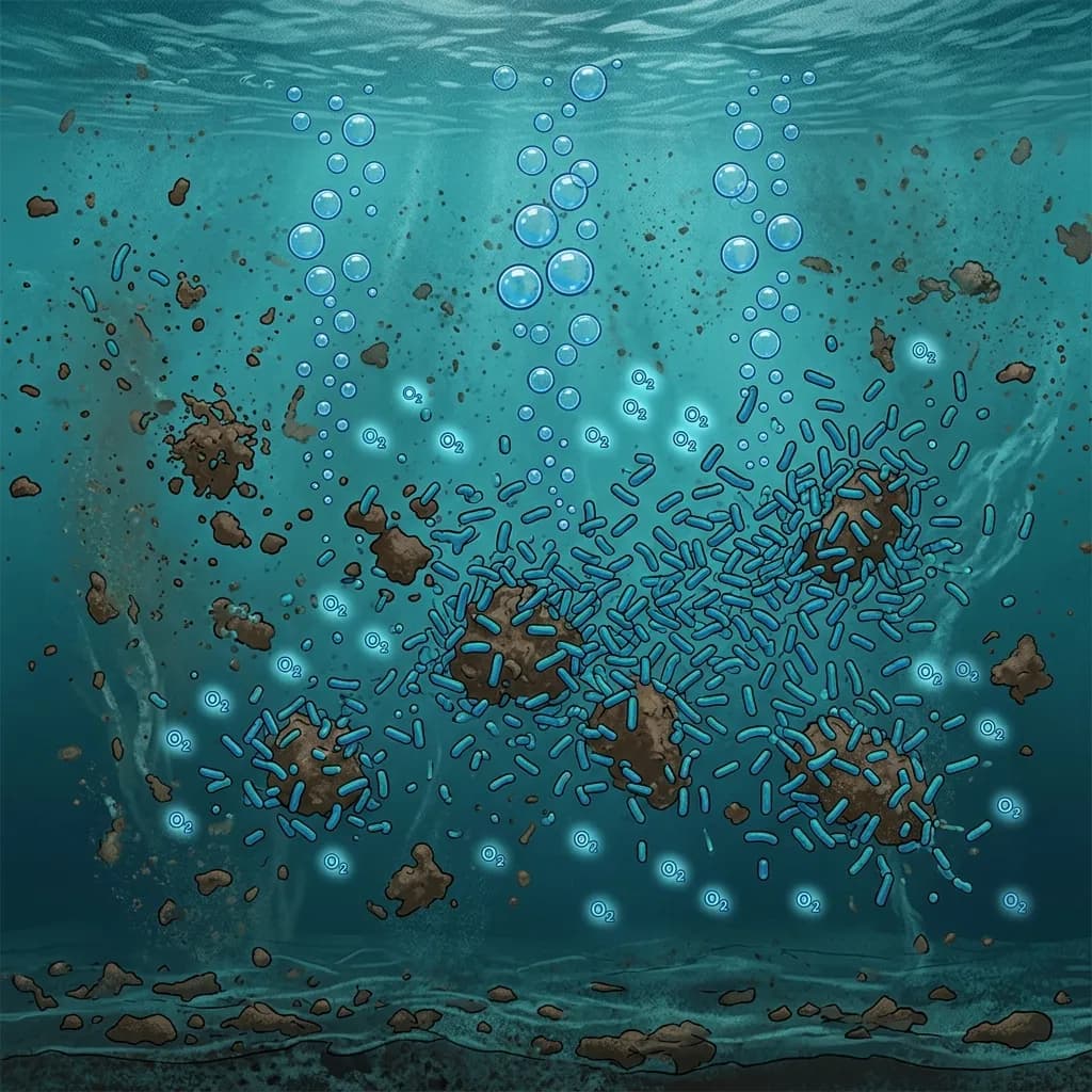 An illustration showing dissolved oxygen in wastewater supporting a dense colony of aerobic bacteria breaking down organic solids.