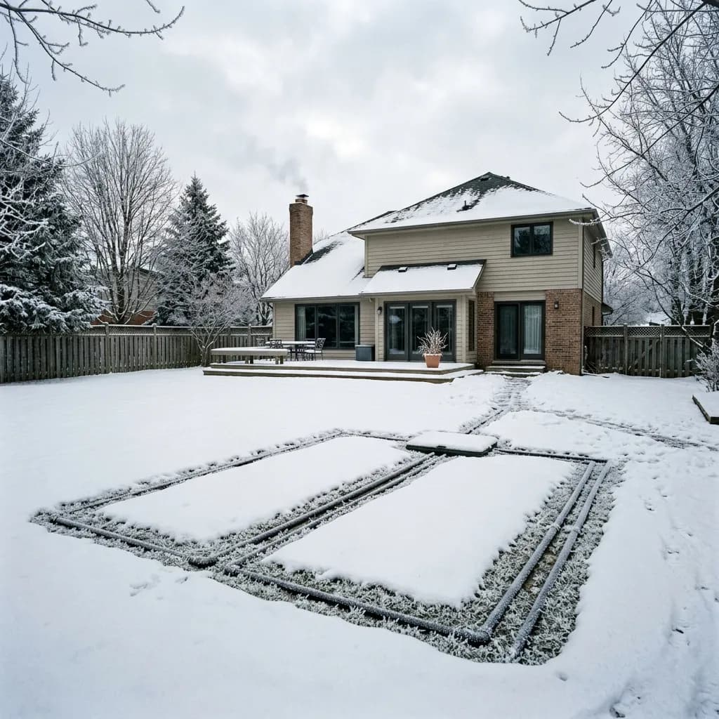 A suburban backyard in deep winter with snow and frost covering the ground above a buried septic system, with a residential house visible in the background.