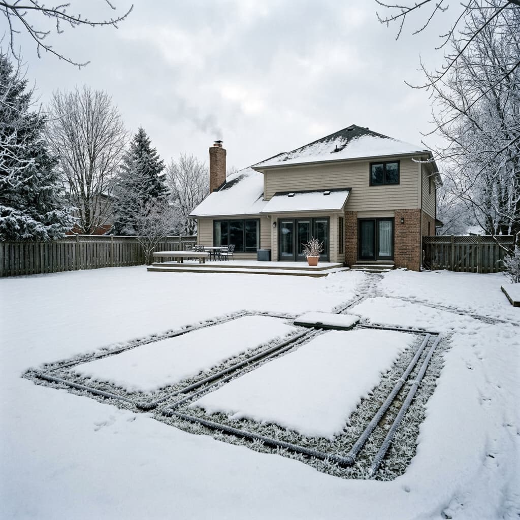 A suburban backyard in deep winter with snow and frost covering the ground above a buried septic system, with a residential house visible in the background.