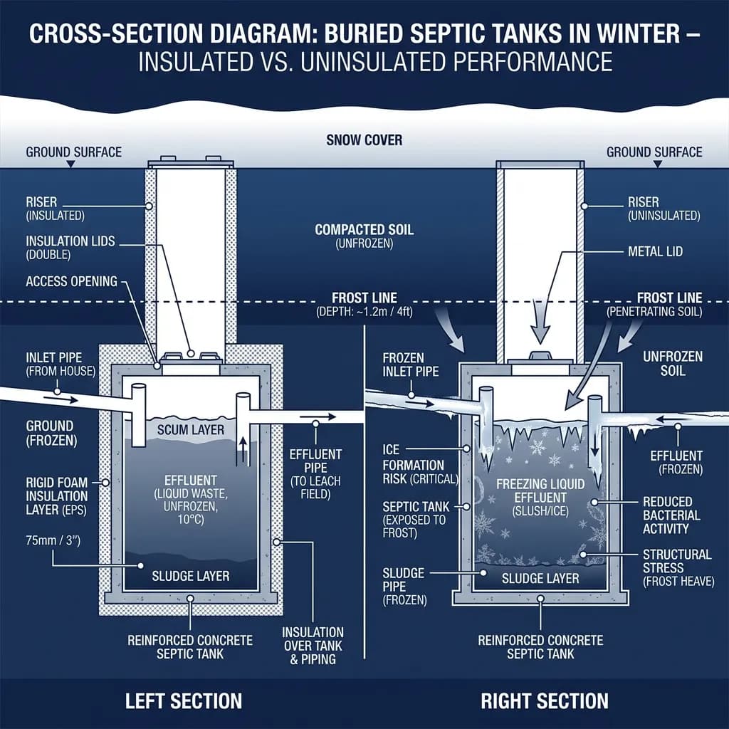 A cross-section diagram comparing an insulated septic tank installation versus an uninsulated one in winter conditions, showing frost line depth and thermal protection layer.
