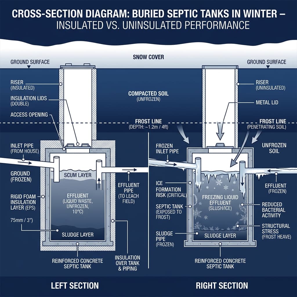 A cross-section diagram comparing an insulated septic tank installation versus an uninsulated one in winter conditions, showing frost line depth and thermal protection layer.