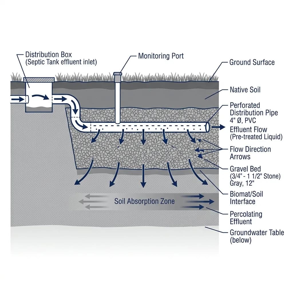 A cross-section diagram showing the layers of a residential drain field: perforated pipes, gravel bed, and soil absorption zone.
