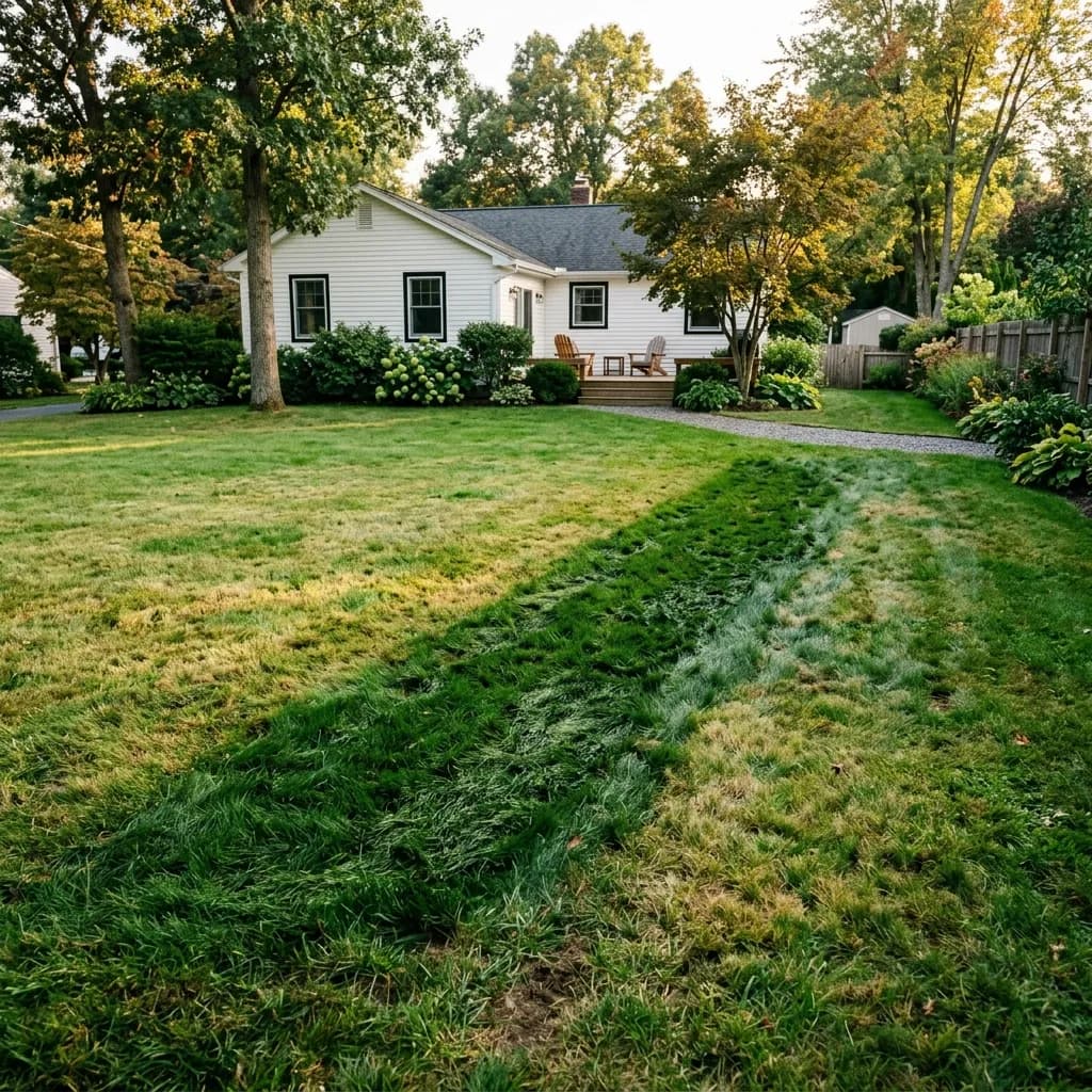 A suburban backyard lawn with patches of unusually green, wet grass above a failing septic drain field.