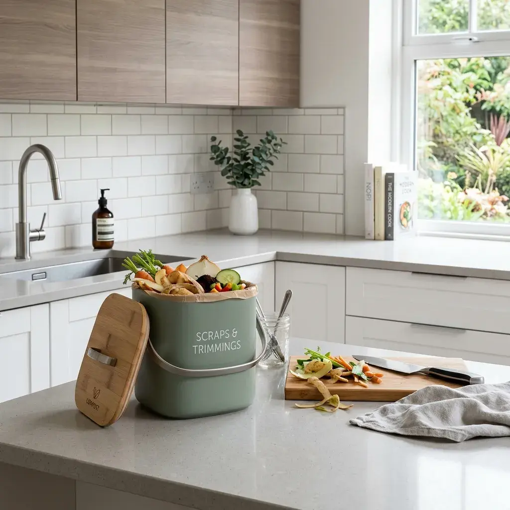 A countertop kitchen compost bin collecting vegetable scraps and food waste as an alternative to garbage disposal use.