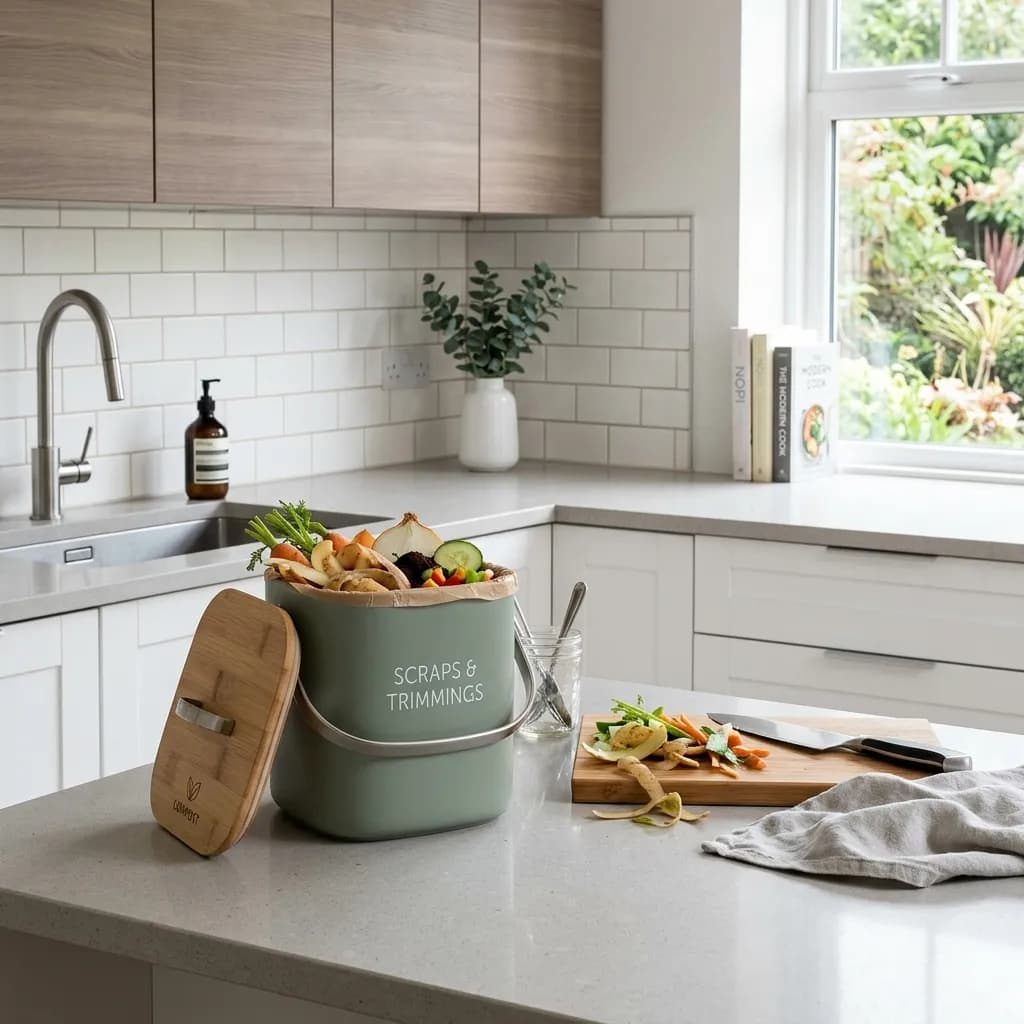 A countertop kitchen compost bin collecting vegetable scraps and food waste as an alternative to garbage disposal use.