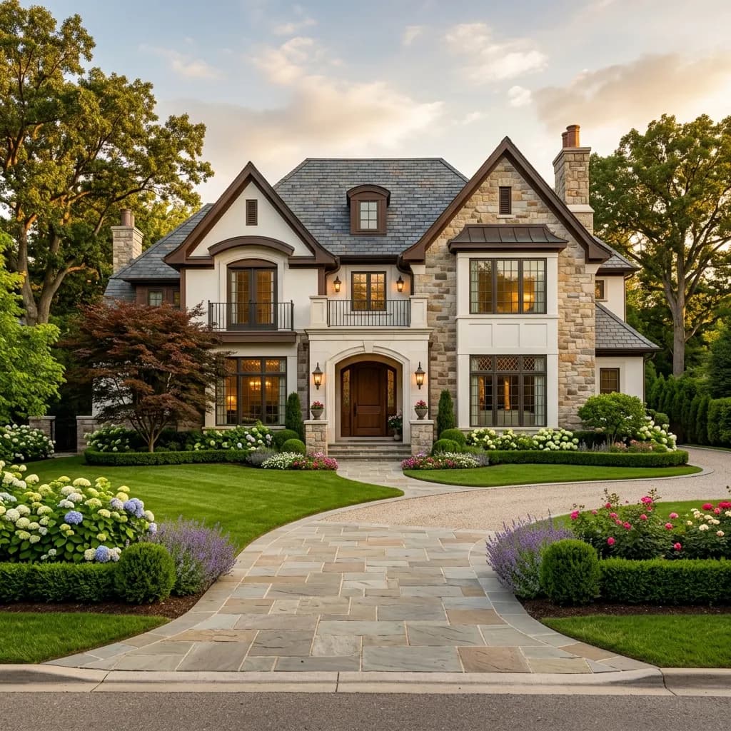 A beautiful, high-value suburban home exterior bathed in warm sunlight.