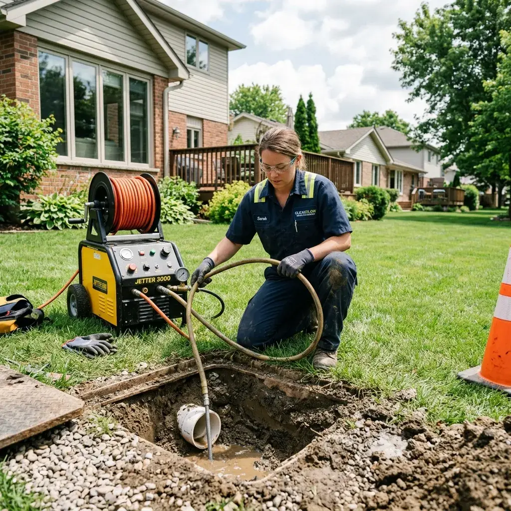 A technician using hydro-jetting equipment to clean clogged leach field lateral pipes buried underground.