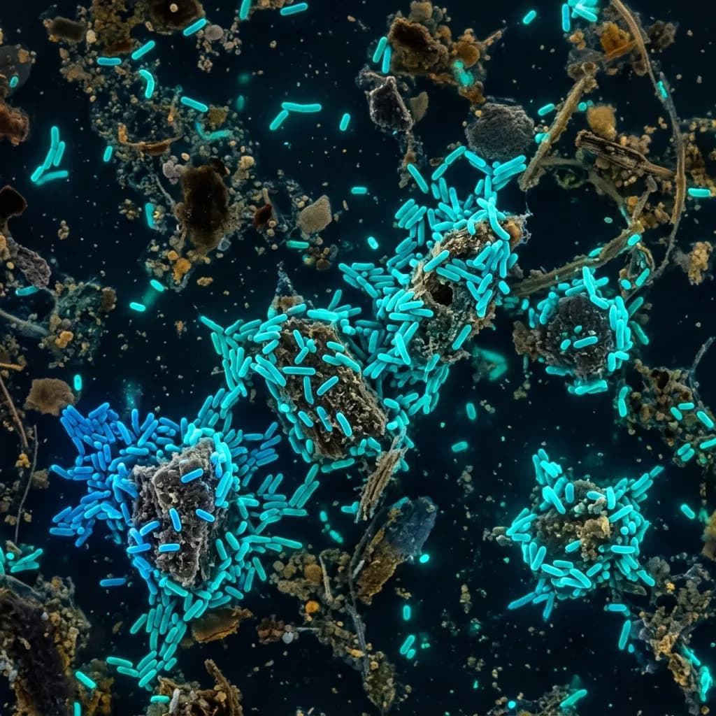 Microscopic view of anaerobic sulfate-reducing bacteria, the microorganisms responsible for hydrogen sulfide production in oxygen-deprived environments like residential septic tanks.