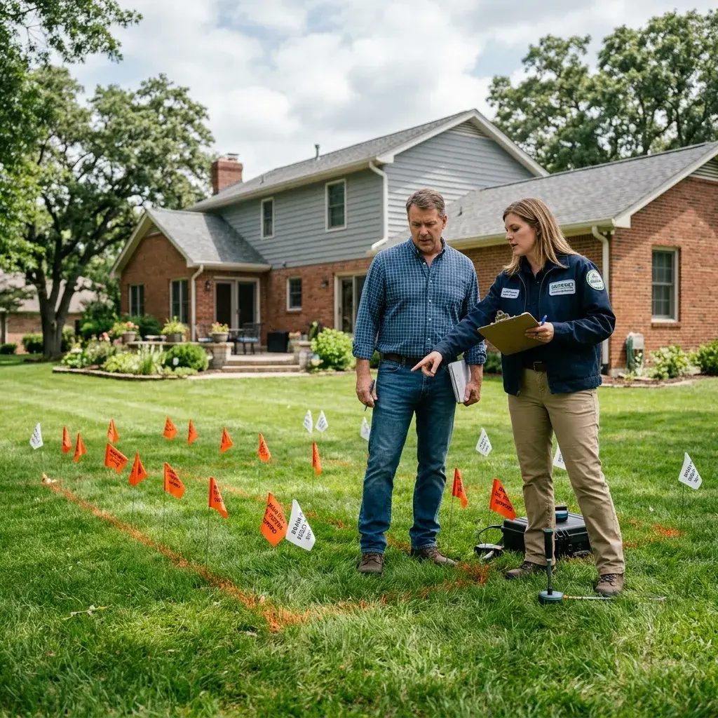 A homeowner standing over a saturated drain field with visible puddles, evaluating restoration options.