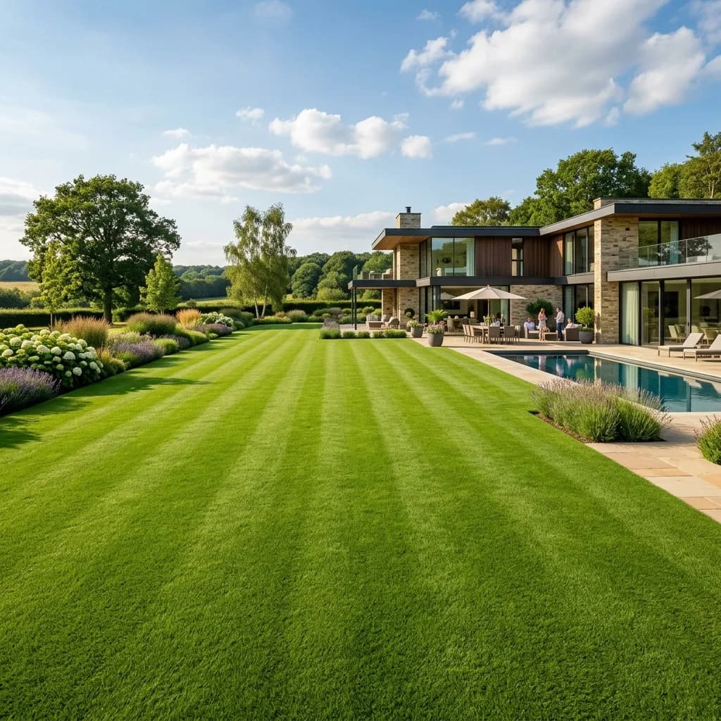 A sprawling, perfectly green and flawless backyard lawn behind a modern home.